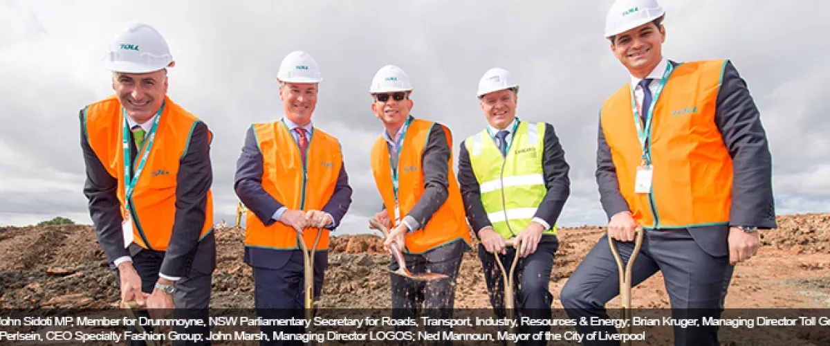 L-R: John Sidoti MP, NSW Parl Sec for Roads, Transport, Industry, Resources & Energy; Brian Kruger, Managing Director Toll Group; Ned Mannoun, Mayor of the City of Liverpool; Gary Perlstein, CEO Specialty Fashion Group; John Marsh, Managing Director LOGOS